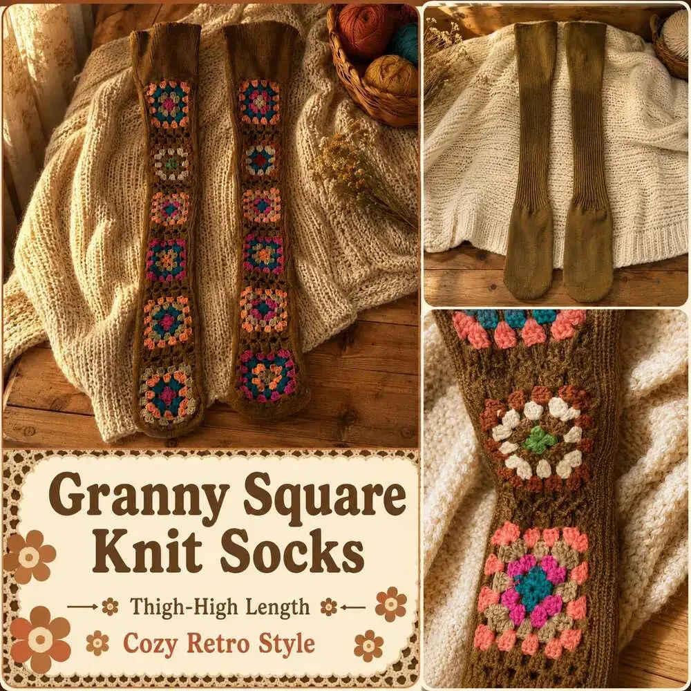 Granny Square Knit Socks Thigh-High Length Cozy Retro Style